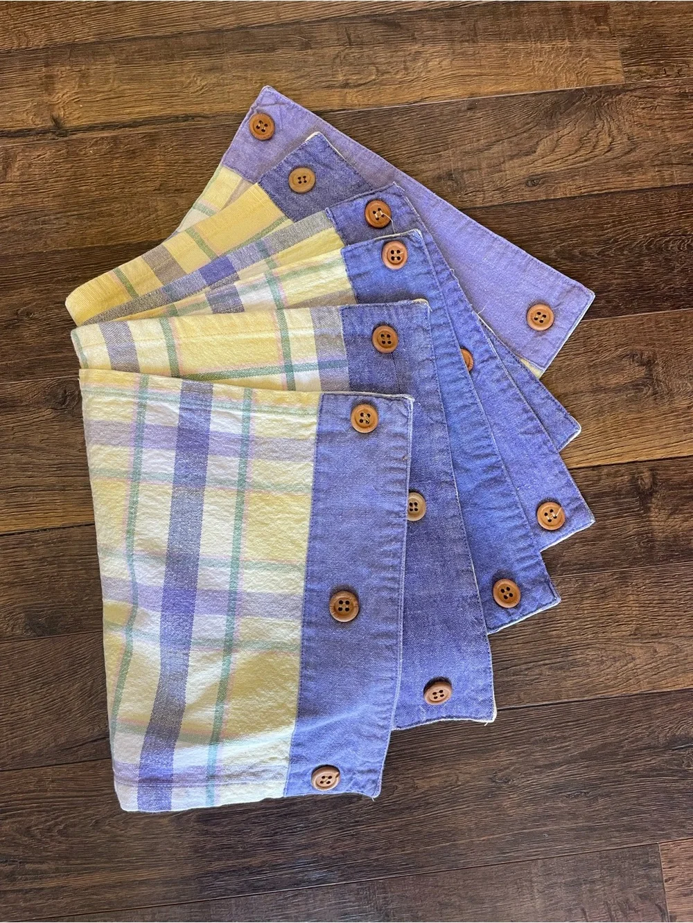 Set of 6 Lavender & Yellow Plaid Placemats with Wood Buttons, Preppy, Linens